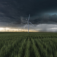 Buy canvas prints of Lightning Bolt over a wind farm  by John Finney