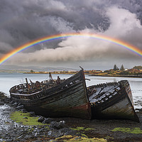 Buy canvas prints of Isle of Mull Rainbow over Fishing Boat Wrecks by John Finney