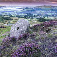 Buy canvas prints of Purple Heather with Curbar Stonemill, Peak Distric by John Finney