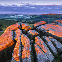 Buy canvas prints of Curbar Red sunrise Rocks, Peak District by John Finney