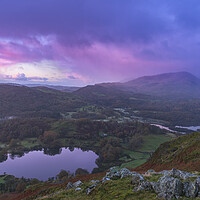 Buy canvas prints of Loughrigg and Elterwater pink sunrise by John Finney