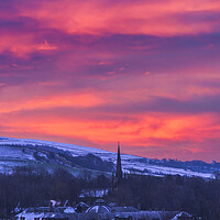 Buy canvas prints of Red sky over New Mills St George's Church by John Finney