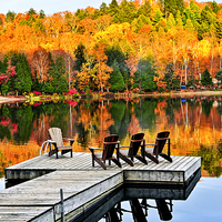 Buy canvas prints of Wooden dock on autumn lake by ELENA ELISSEEVA