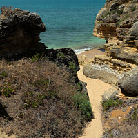 Buy canvas prints of Stairs to Gorgeous Beach in Olhos de Agua. Algarve by Angelo DeVal