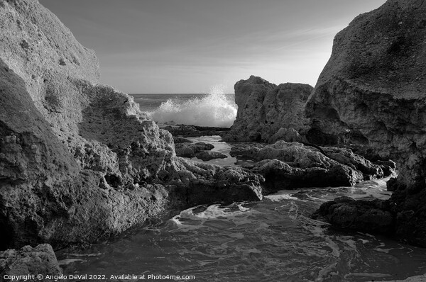 Wave Crushing Rocks in Gale Beach - Monochrome Picture Board by Angelo DeVal