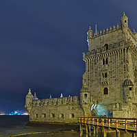 Buy canvas prints of Torre de Belem view at night in Lisbon by Angelo DeVal