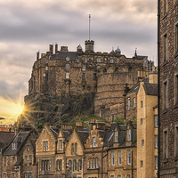 Buy canvas prints of  Edinburgh Castle Sunset from Candlemaker Row by Miles Gray