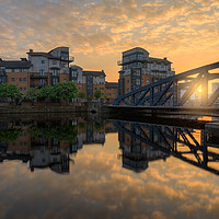 Buy canvas prints of Golden glow over the Victoria Swing Bridge, Leith by Miles Gray
