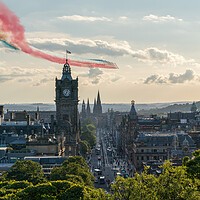 Buy canvas prints of The world famous Red Arrow's over the Edinburgh skyline by Miles Gray