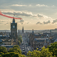 Buy canvas prints of The world famous Red Arrow's over the City of Edinburgh skyline by Miles Gray