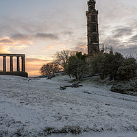 Buy canvas prints of Calton Hill on a snowy sunrise by Miles Gray