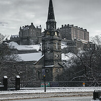 Buy canvas prints of St Cuthbert's Church and Edinburgh Castle in the Snow by Miles Gray
