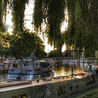 Buy canvas prints of Ely Riverside Narrowboats at Sunset by Jacqui Farrell