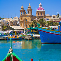 Buy canvas prints of Marsalokk Harbour and  Parish Church.Malta by Philip Enticknap