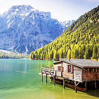 Buy canvas prints of The boathouse at Lago di braies by Sebastien Coell