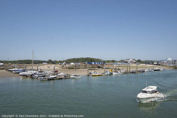 Littlehampton Marina with moored boats and a small Picture Board by Paul Chambers