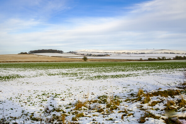 Winter Scenes in Wiltshire a snow covered field at Picture Board by Paul Chambers