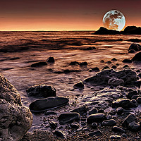 Buy canvas prints of Moonrise Over Seaham's Chemical Beach by Reg K Atkinson