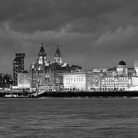 Buy canvas prints of Liverpool Waterfront at Night B&W by John Hickey-Fry