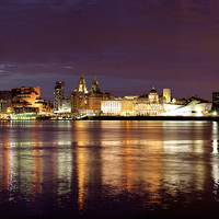 Buy canvas prints of  Liverpool Skyline Reflections from Woodside by John Hickey-Fry