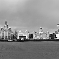 Buy canvas prints of  Liverpool Waterfront Panorama Black and White by John Hickey-Fry