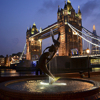 Buy canvas prints of David Wynne's Girl With a Dolphin - Tower Bridge,  by Paul Phillips