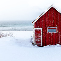 Buy canvas prints of Red Cabin at The Beach by Eirik Sørstrømmen