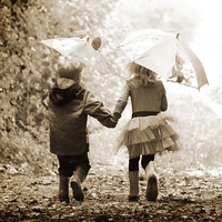 Buy canvas prints of Children holding hands in sepia woods by Russell S by Russell Scott-Skinner