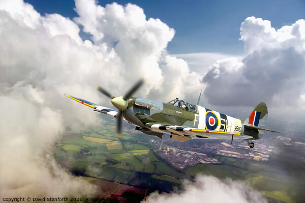 Spitfire breaks through the clouds Picture Board by David Stanforth