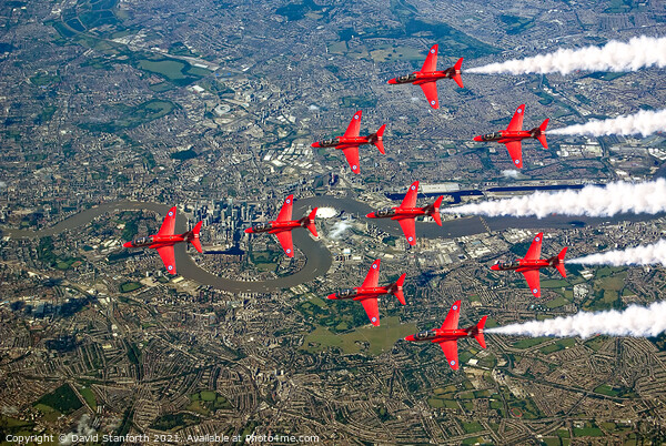 Red Arrows over Canary Wharf Picture Board by David Stanforth