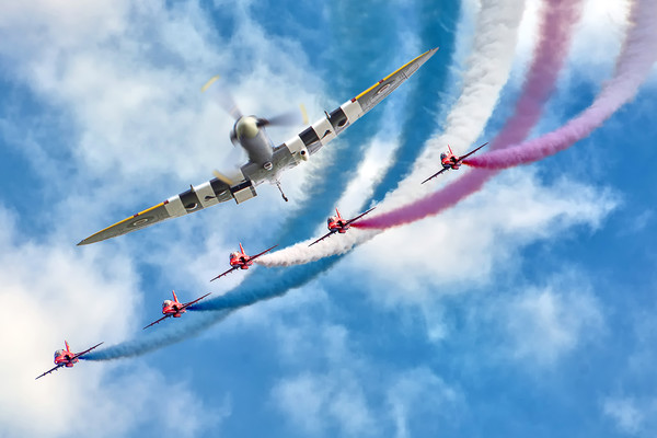 Spitfire leads the Red Arrows Display Picture Board by David Stanforth