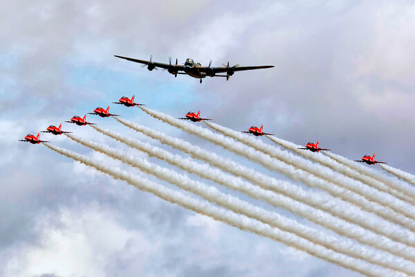 Lancaster and Red Arrows in formation Picture Board by David Stanforth