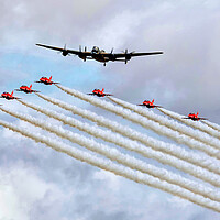 Buy canvas prints of Lancaster and Red Arrows in formation by David Stanforth