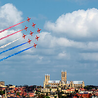 Buy canvas prints of Red Arrows over Cathedral  by David Stanforth