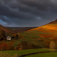 Buy canvas prints of Lake District, golden sunlight, Helm Crag by Pete Watson