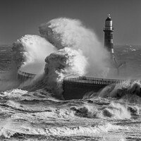 Buy canvas prints of Storm Arwen Roker Lighthouse Black and White by Darren Johnson