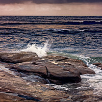 Buy canvas prints of Waves Splash On The Rocks At Sunset by Jukka Heinovirta