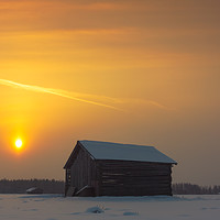 Buy canvas prints of Two Barns In The Winter Sunrise by Jukka Heinovirta