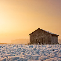 Buy canvas prints of Old Barn House In The Winter Sunrise by Jukka Heinovirta
