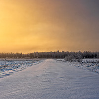 Buy canvas prints of Snowy Road In The Winter Sunrise by Jukka Heinovirta