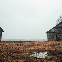 Buy canvas prints of Two Old Barn Houses On The Rainy Fields by Jukka Heinovirta