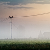 Buy canvas prints of Telephone Lines In The Misty Sunset by Jukka Heinovirta