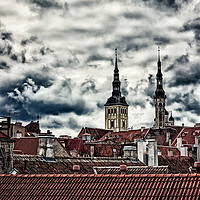 Buy canvas prints of Church Towers Behind The Rooftops by Jukka Heinovirta
