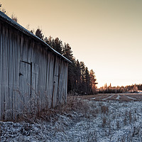 Buy canvas prints of Frosty Barn House By The Fields by Jukka Heinovirta
