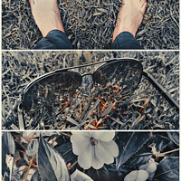 Buy canvas prints of Bare feet, sunglasses and flowers on the grass collage by Daniel Ferreira-Leite