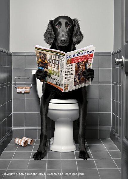 Flat Coat Retriever on the Toilet Reading Newspaper Picture Board by Craig Doogan