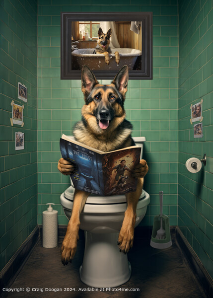 German Shepherd on the Toilet Reading Magazine Picture Board by Craig Doogan