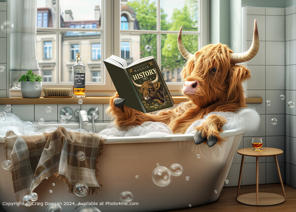 Highland Cow Reading in the Bath Picture Board by Craig Doogan