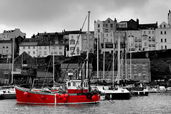 Tenby Harbour Red Boat BW Red Picture Board by Jeremy Hayden