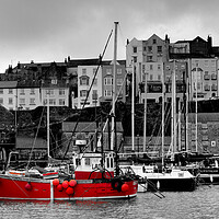 Buy canvas prints of Tenby Harbour Red Boat BW Red by Jeremy Hayden